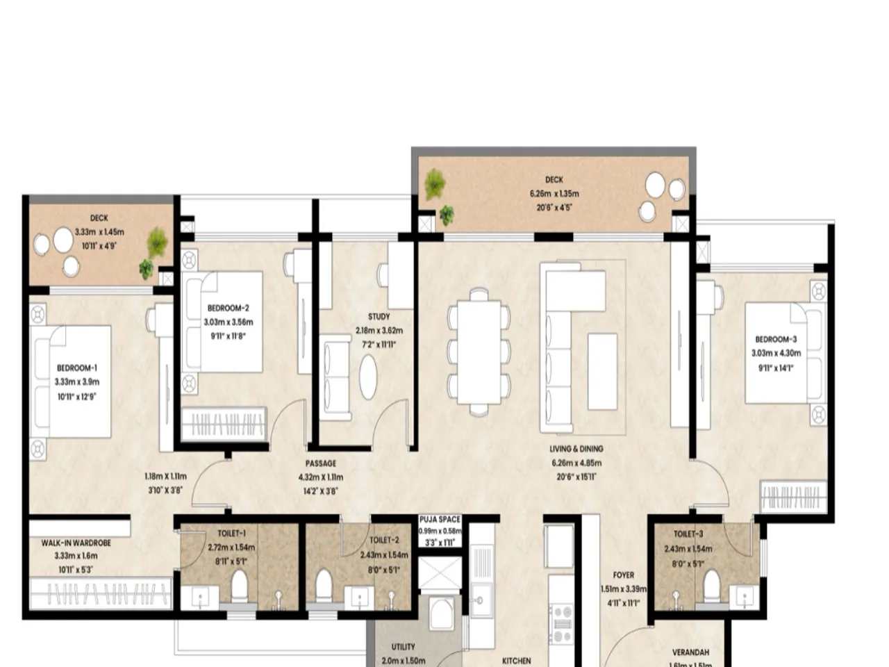 3.5 BHK with dedicated study room and three bedrooms - 1685 sq ft
