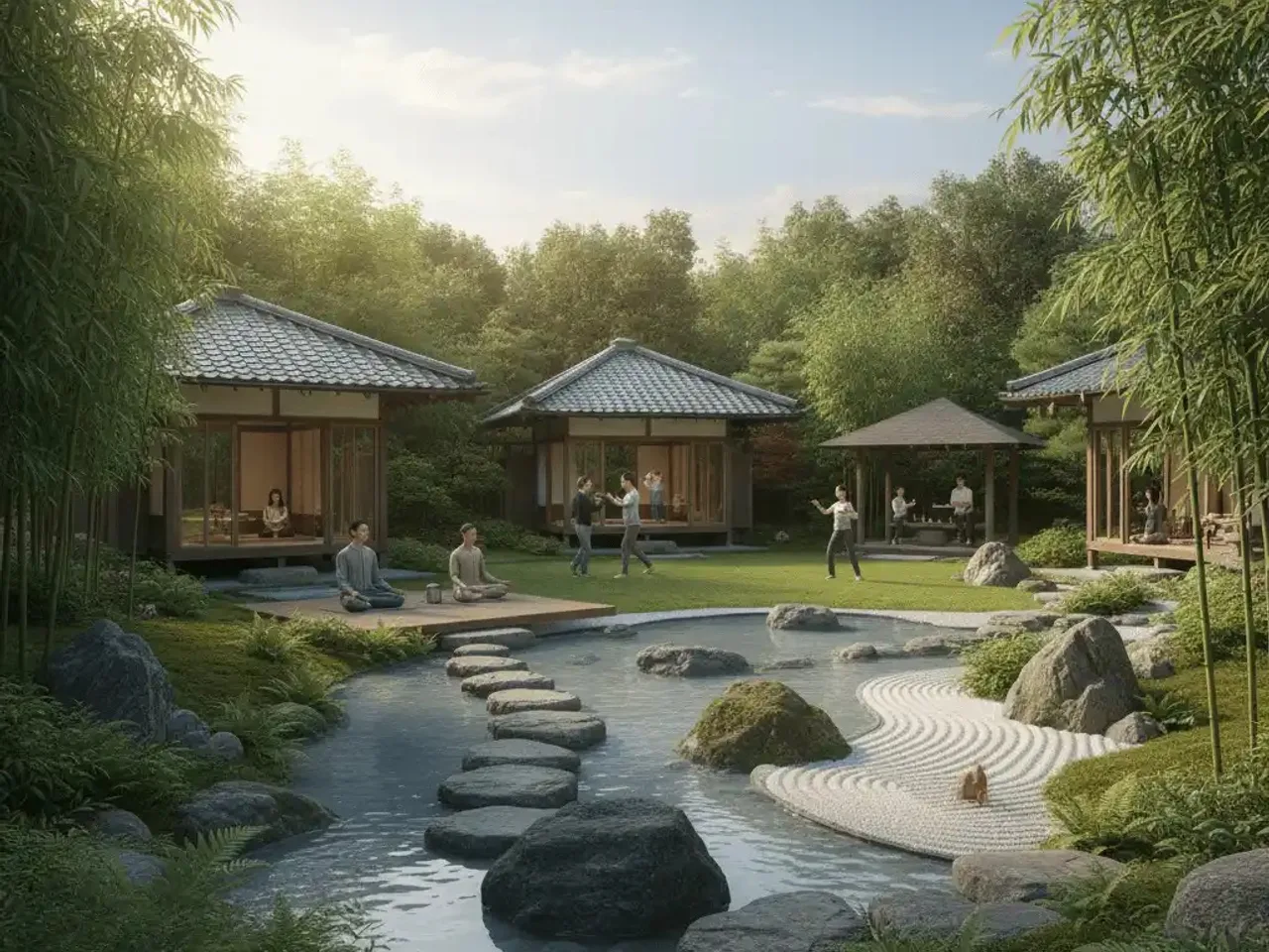 Water feature at Manyata Ekamoi plotted development with walking trail and meditation deck for peaceful evenings