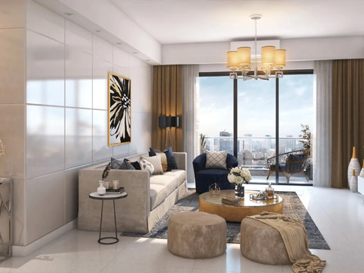 Spacious living room with modern furnishings and natural light