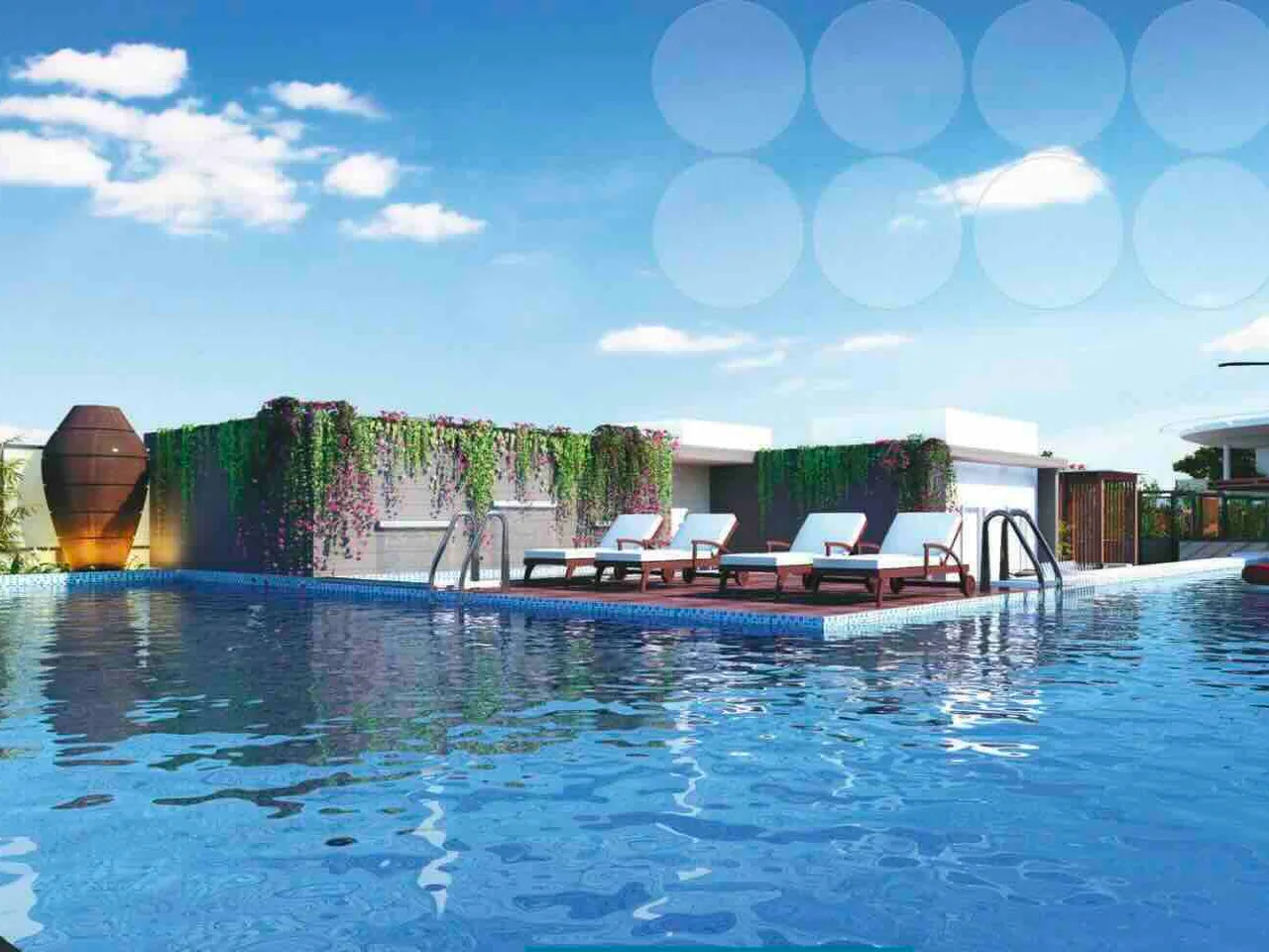 Olympic-size swimming pool with sun loungers and deck area