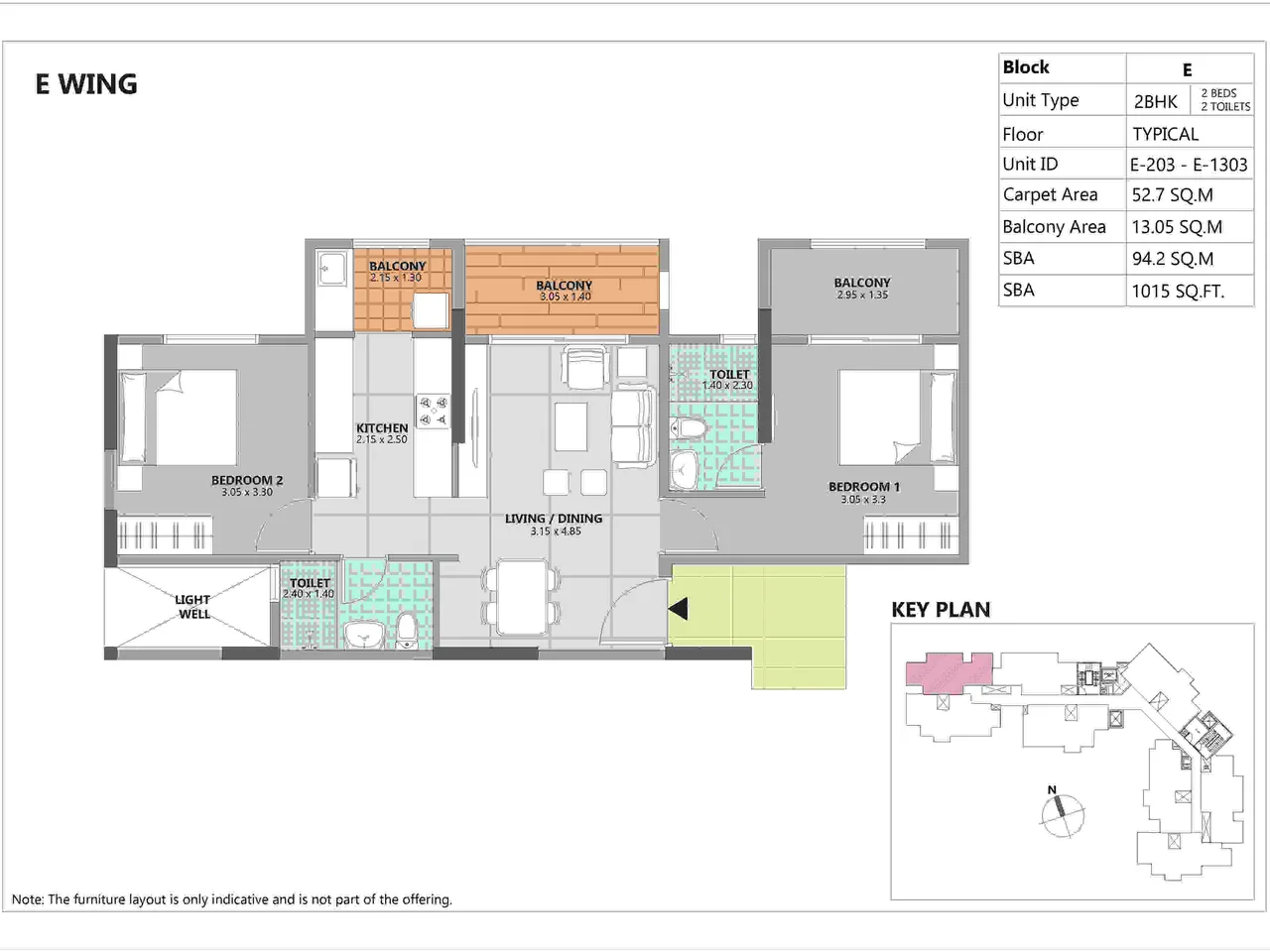 2 BHK Apartment Floor Plan - 1015-1250 sq.ft Spacious Layout