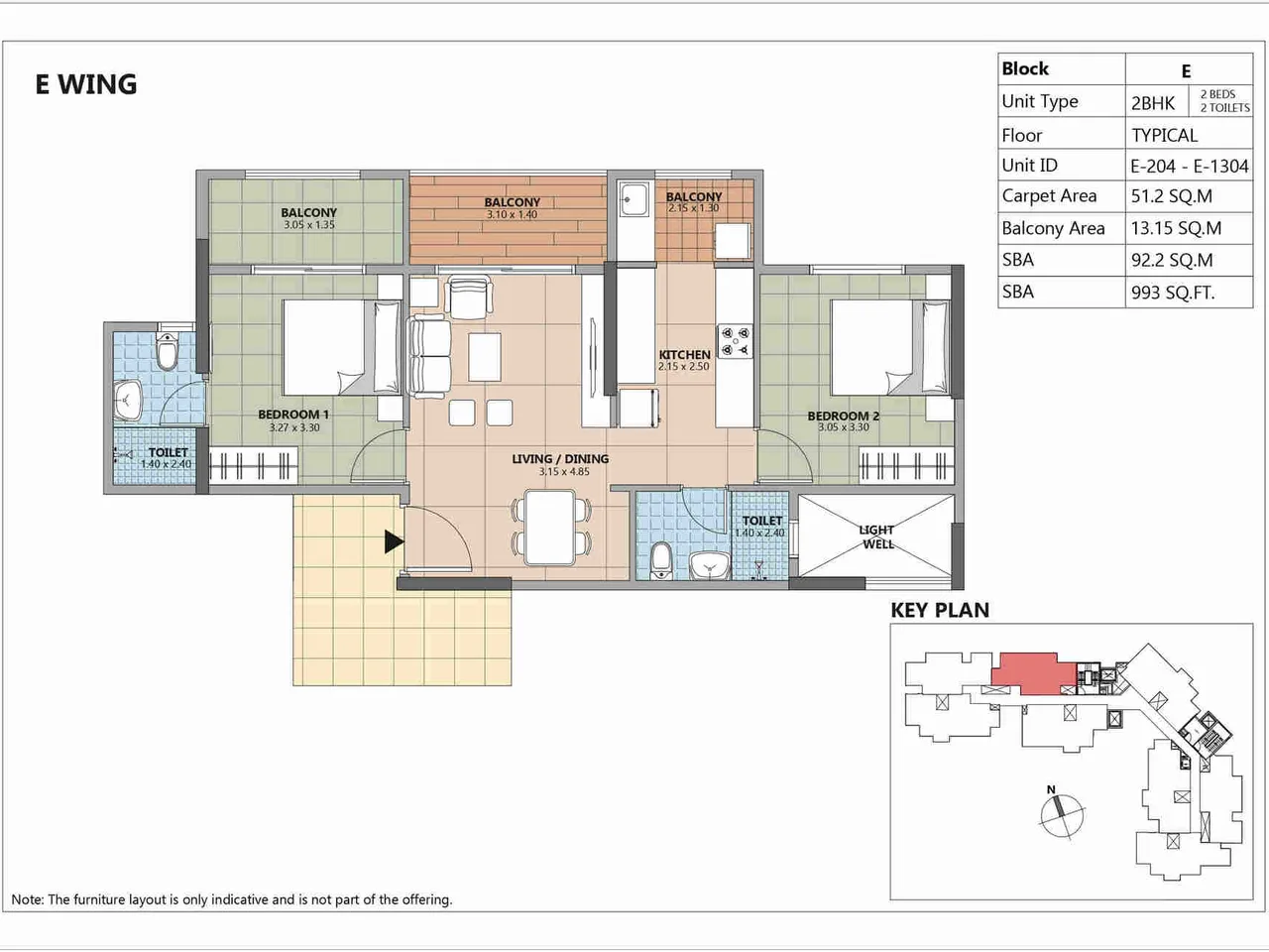 2 BHK Large Floor Plan - 1290 sq.ft Premium Layout