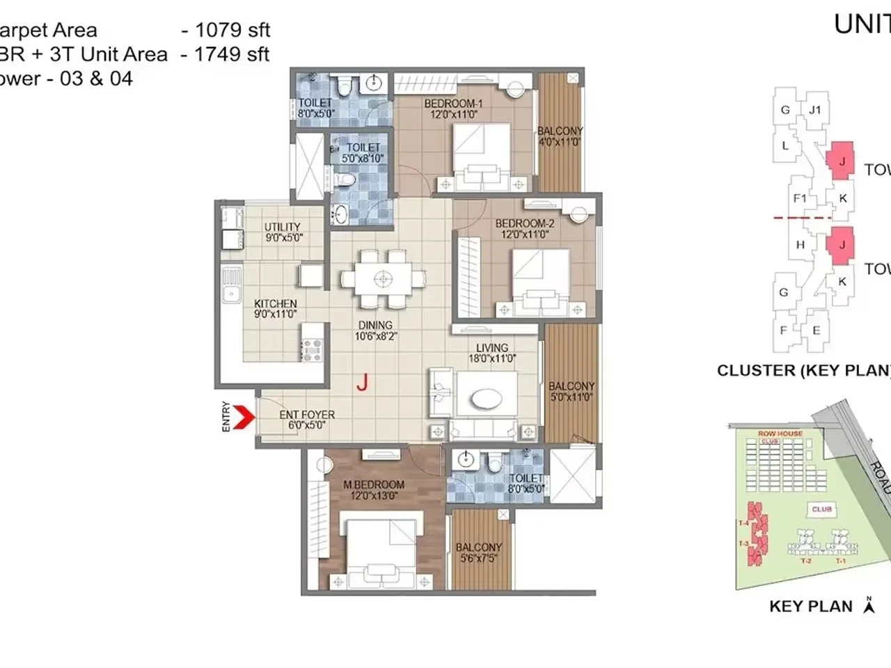 3 BHK apartment floor plan at Sattva Hamlet Chikkajala featuring three bedrooms and family dining area layout