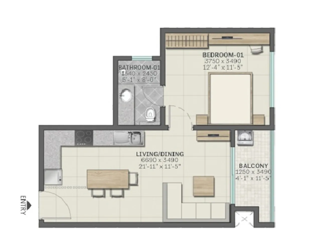 1 BHK Apartment Floor Plan - 703 sq.ft layout design