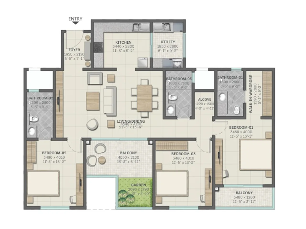 3 BHK Premium Floor Plan - 1511-1950 sq.ft spacious layout