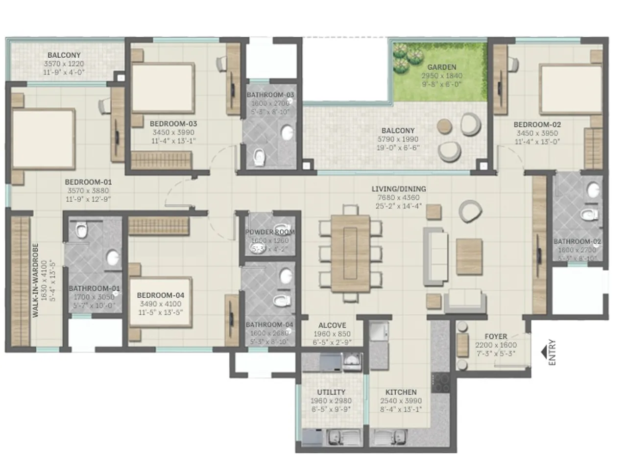 4 BHK Luxury Floor Plan - 2102-2450 sq.ft master layout