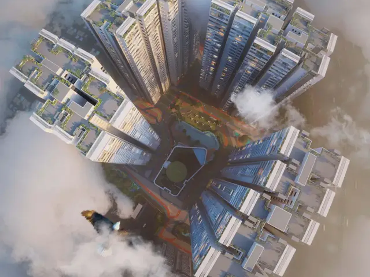 Aerial evening view of Sumadhura The Edition towers with landscaped central courtyard and ambient lighting in Siddapura, Whitefield.