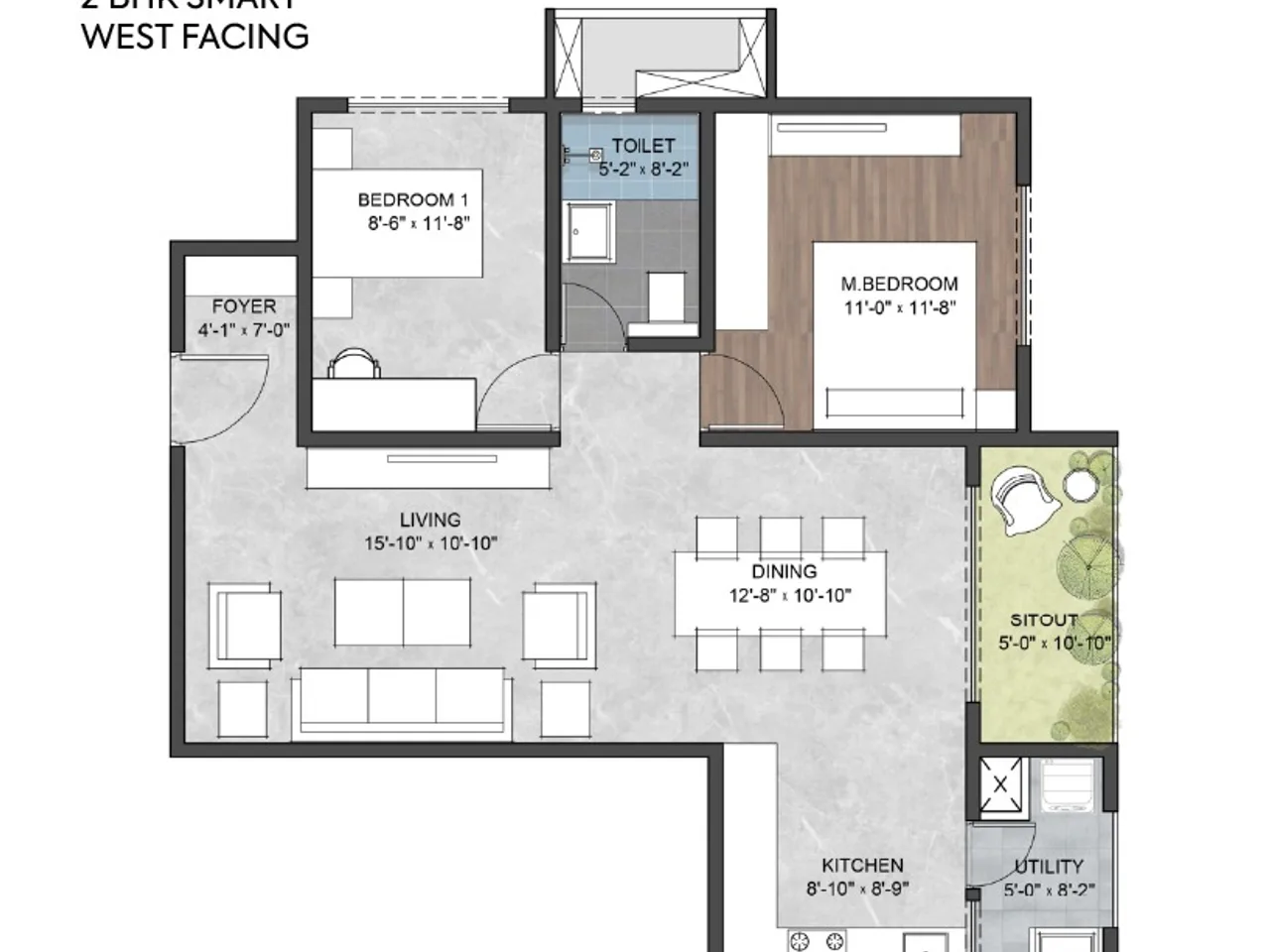 2 BHK apartment floor plan at Sumadhura The Edition showing an efficient 1,280–1,360 sq ft layout for young families in Siddapura, Whitefield.