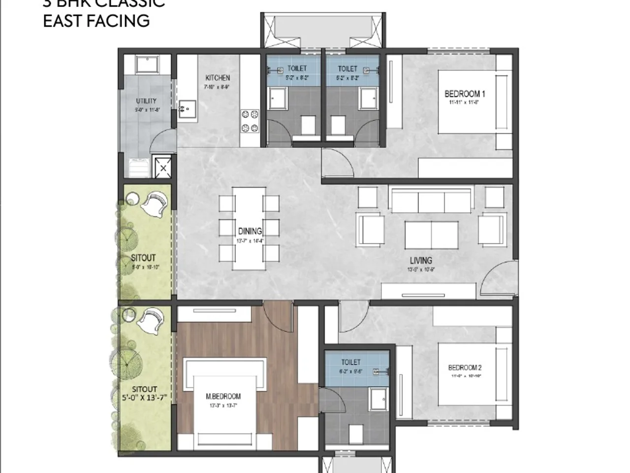 3 BHK premium floor plan at Sumadhura The Edition with spacious balconies and clearly separated private and guest zones.