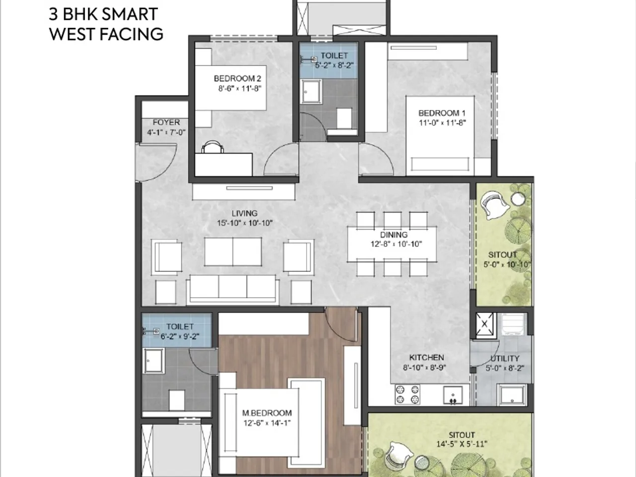 3 BHK west-facing floor plan at Sumadhura The Edition highlighting a well-zoned living, dining and bedroom layout for Whitefield homebuyers.