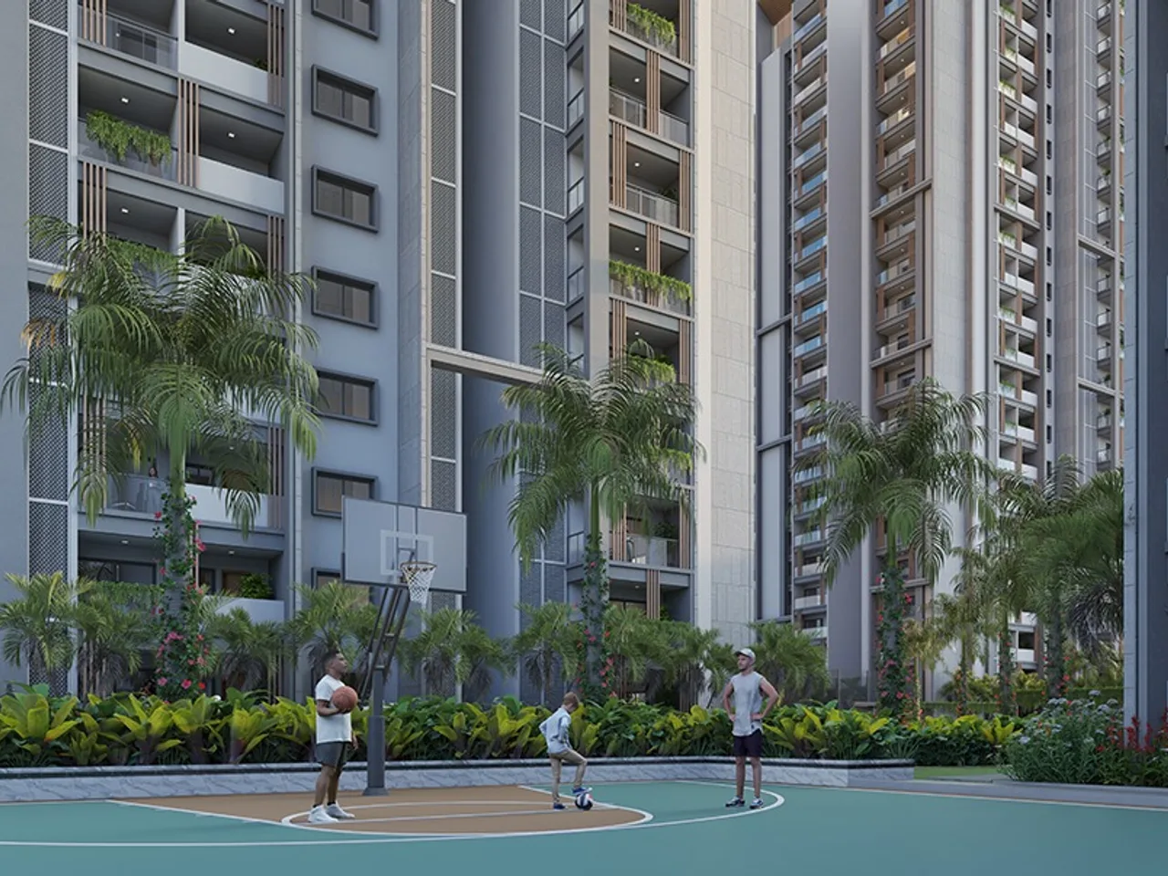Full-size basketball court with professional markings surrounded by landscaped seating areas.