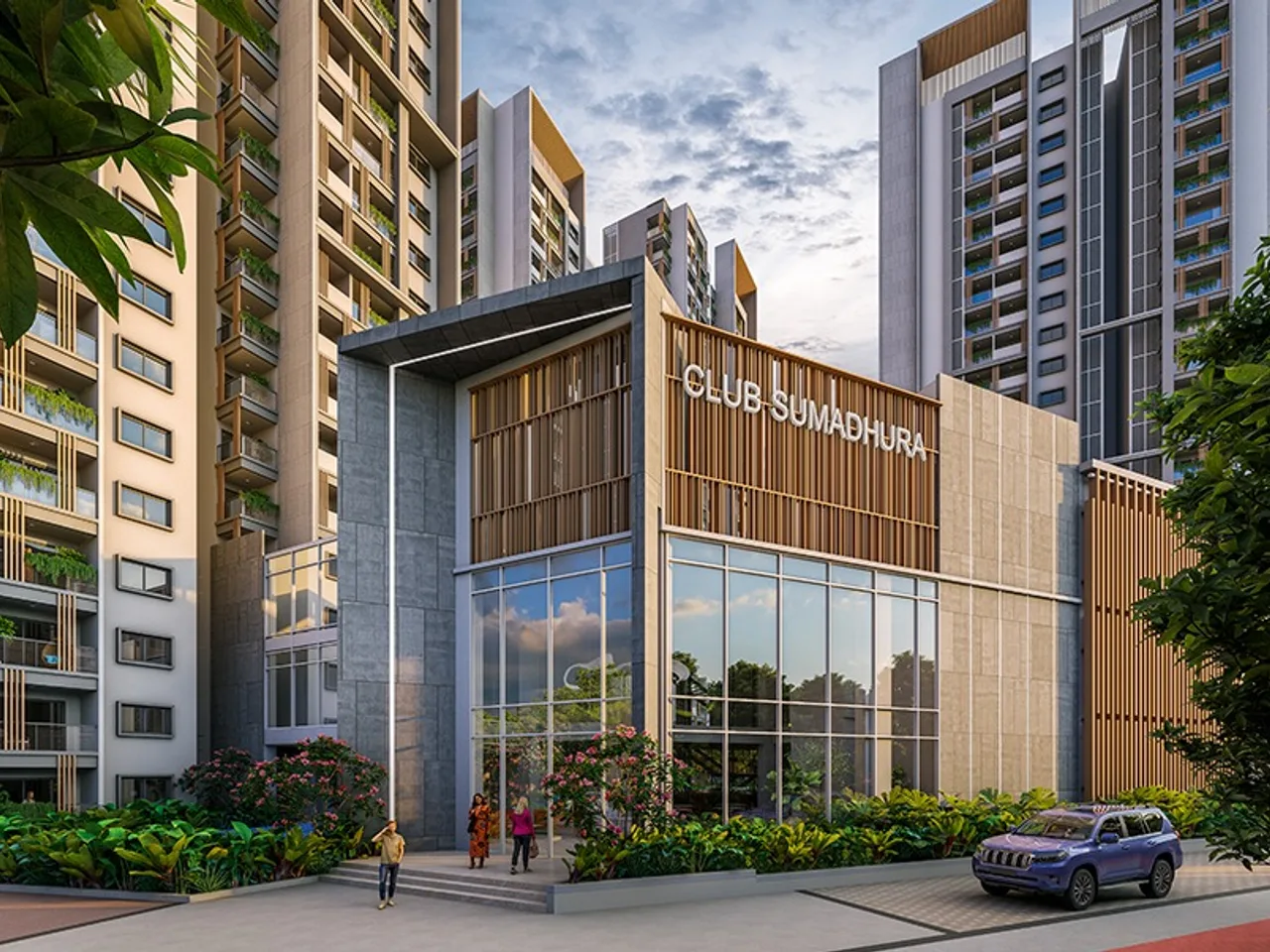 Modern clubhouse exterior with glass façade and landscaped entrance pathway.