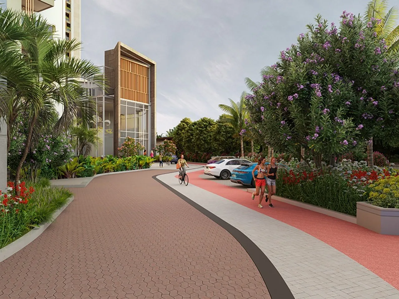 Tree-lined pedestrian walkway connecting towers with shaded seating and landscaped planters.