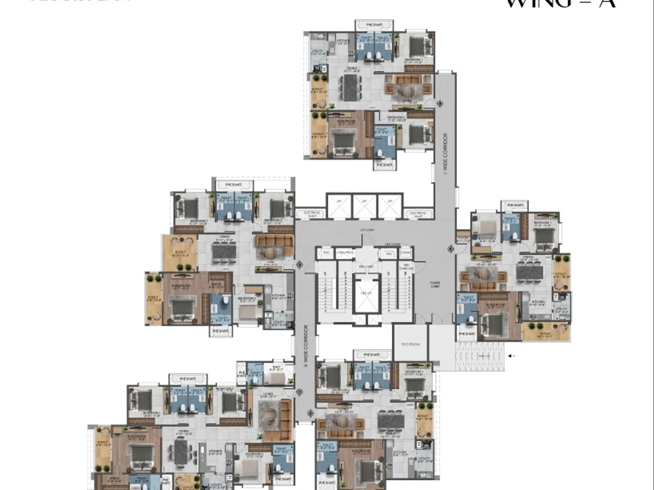 Tower A floor layout showing apartment positions, lift lobbies and common areas per floor.