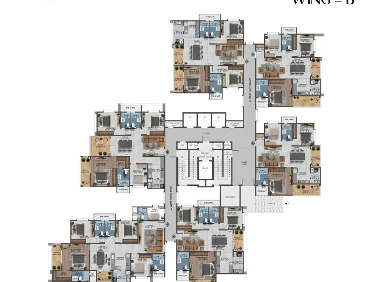 Tower B floor layout showing apartment positions, lift lobbies and common areas per floor.