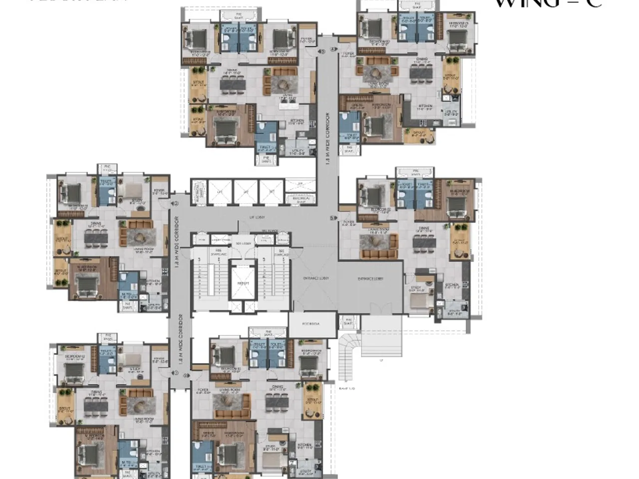 Tower C floor layout showing apartment positions, lift lobbies and common areas per floor.