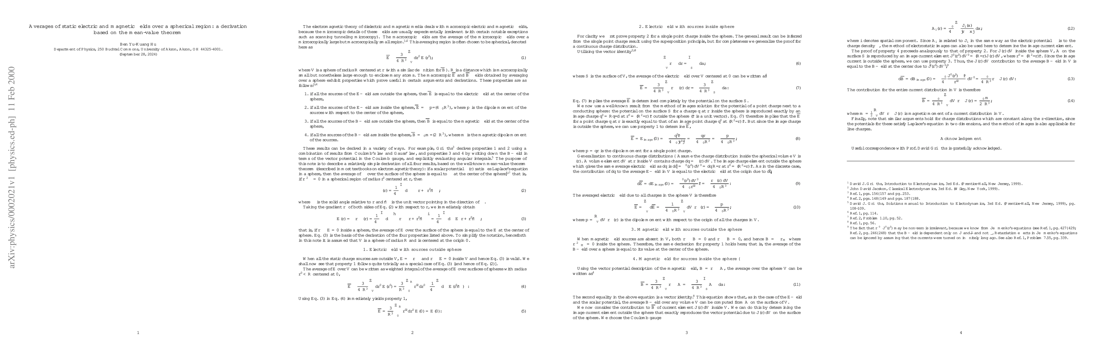 Thumbnail for Averages of static electric and magnetic fields over a spherical region:
  a derivation based on the mean-value theorem