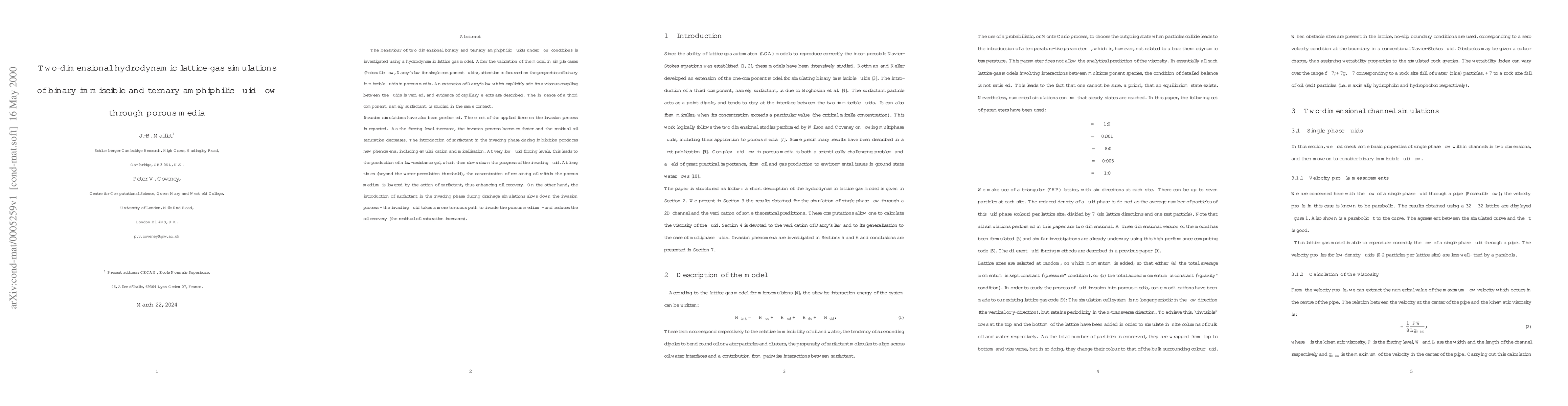 Thumbnail for Two-dimensional hydrodynamic lattice-gas simulations of binary
  immiscible and ternary amphiphilic fluid flow through porous media