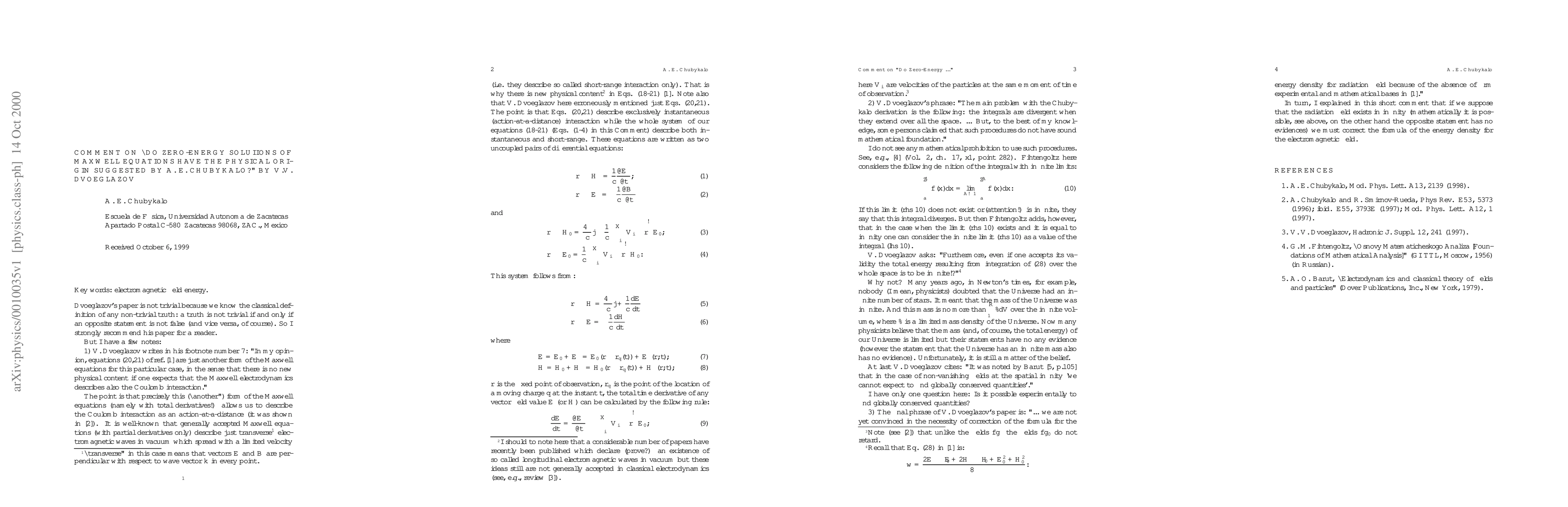 Thumbnail for Comment on ``Do Zero-energy Solutions of Maxwell Equations Have the
  Physical Origin Suggested by A. E. Chubykalo?" by V.V. Dvoeglazov
