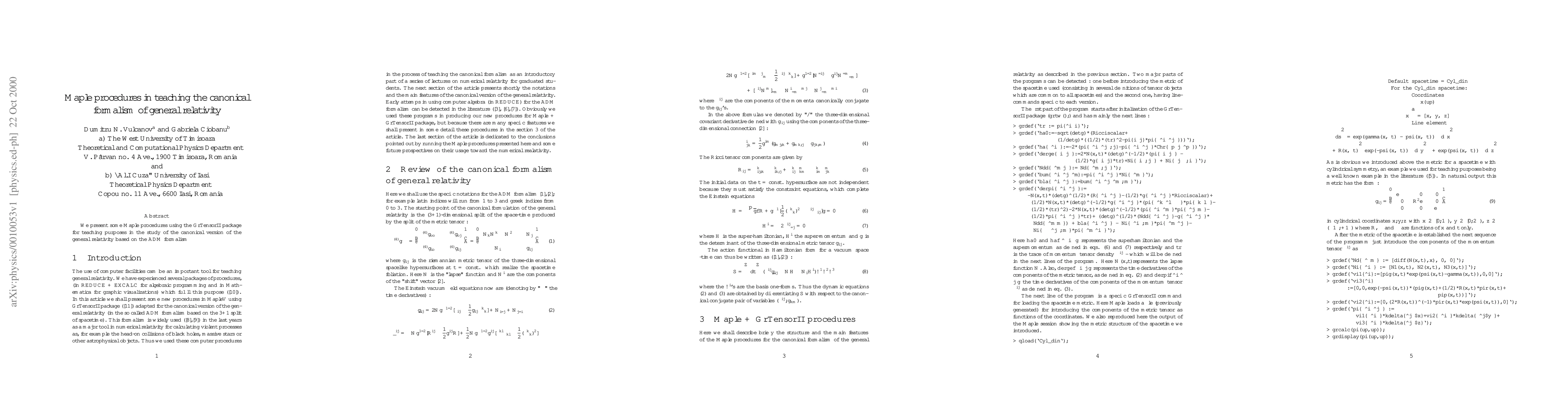 Thumbnail for Maple procedures in teaching the canonical formalism of general
  relativity