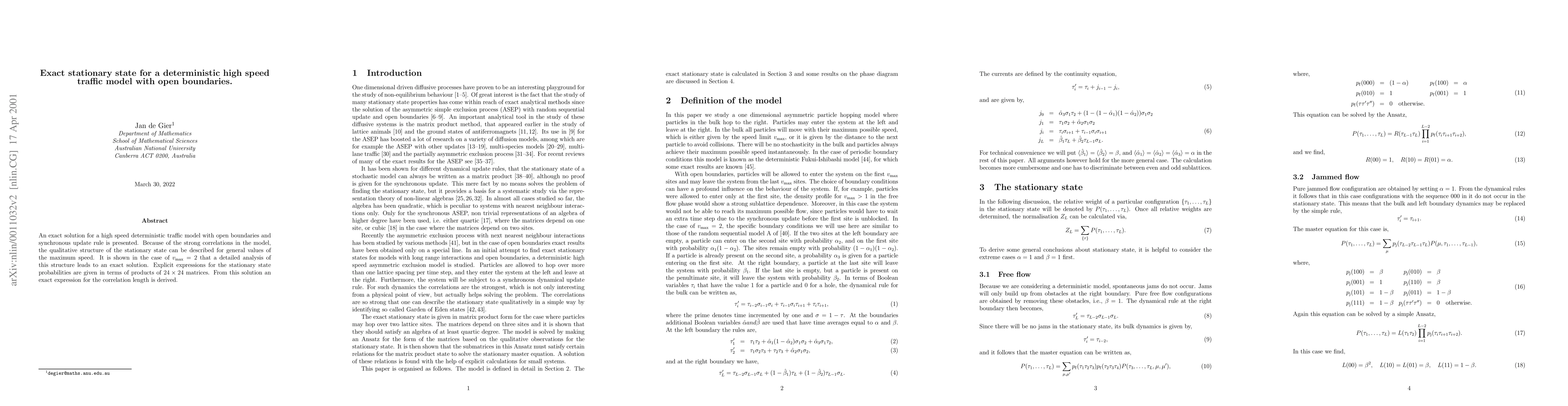 Thumbnail for Exact stationary state for a deterministic high speed traffic model with
  open boundaries