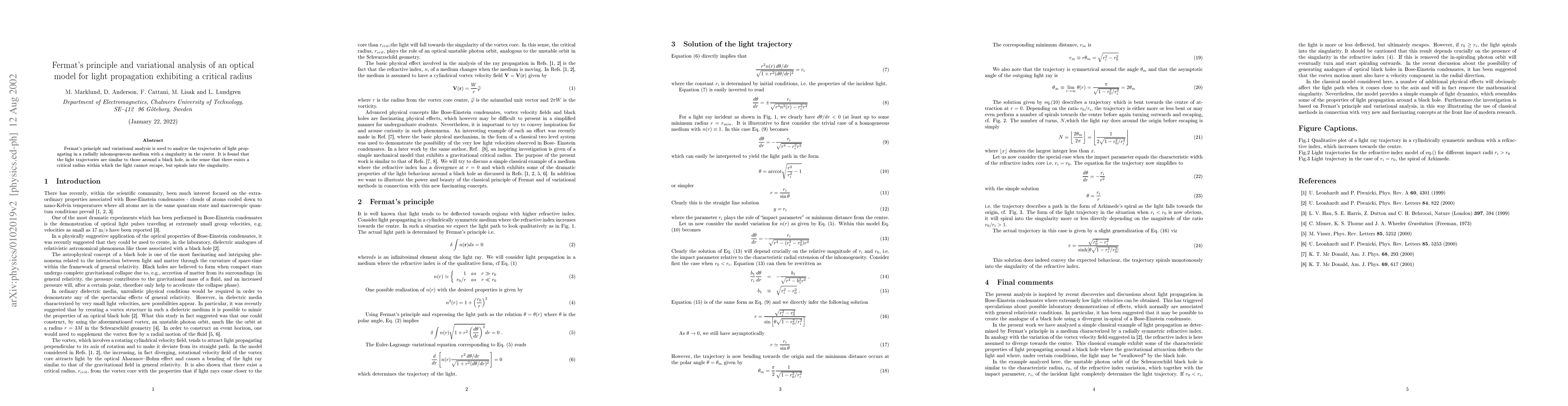 Thumbnail for Fermat's principle and variational analysis of an optical model for
  light propagation exhibiting a critical radius