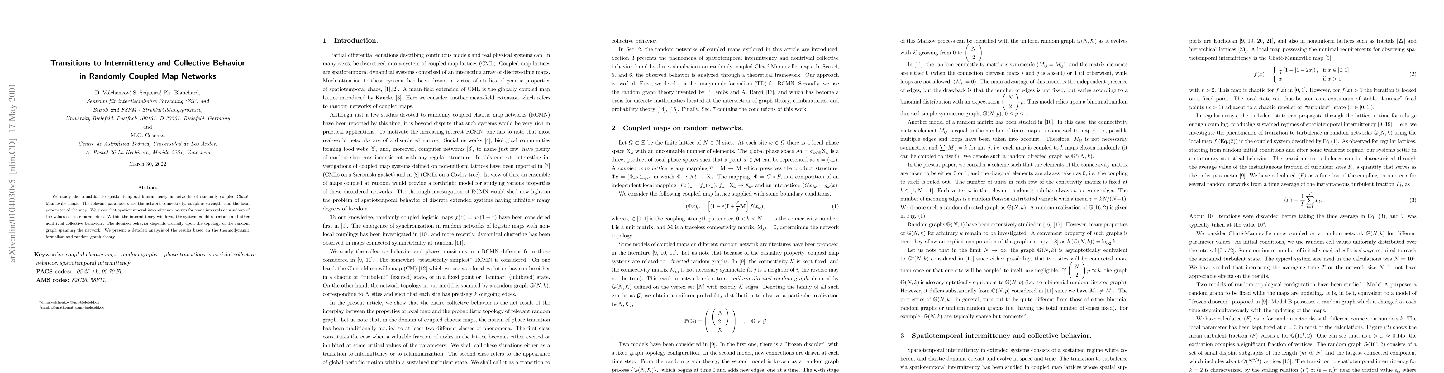 Thumbnail for Transitions to Intermittency and Collective Behavior in Randomly Coupled
  Map Networks