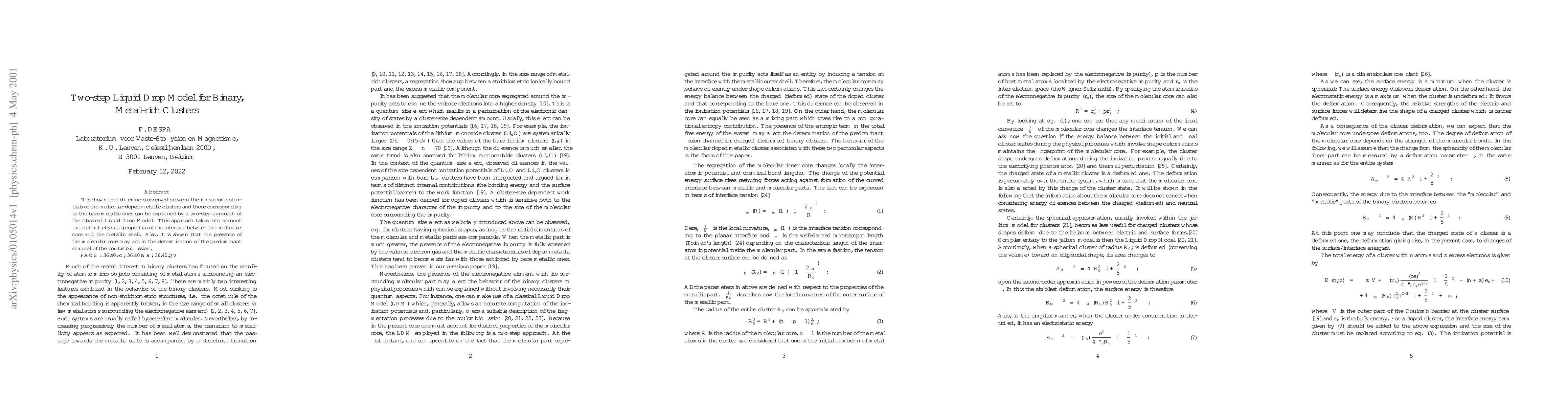 Thumbnail for Two-step Liquid Drop Model for Binary, Metal-rich Clusters