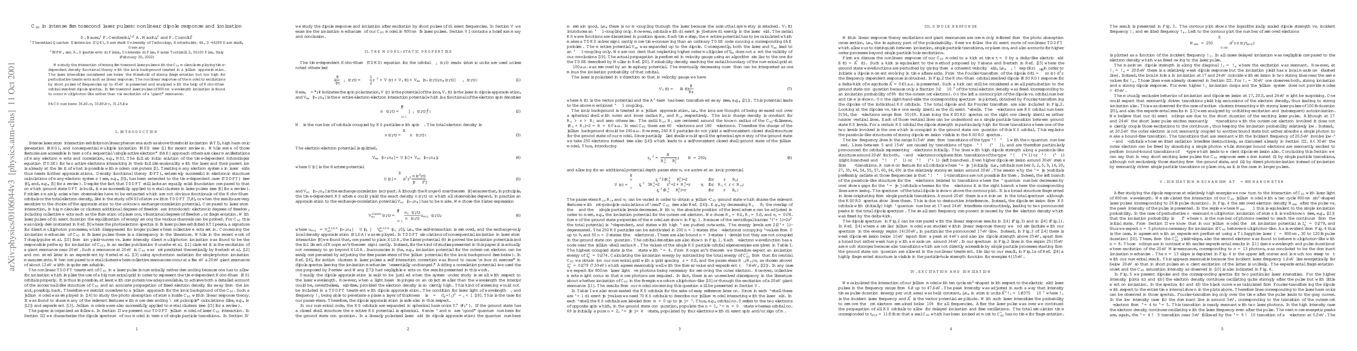 Thumbnail for C$_{60}$ in intense femtosecond laser pulses: nonlinear dipole response
  and ionization