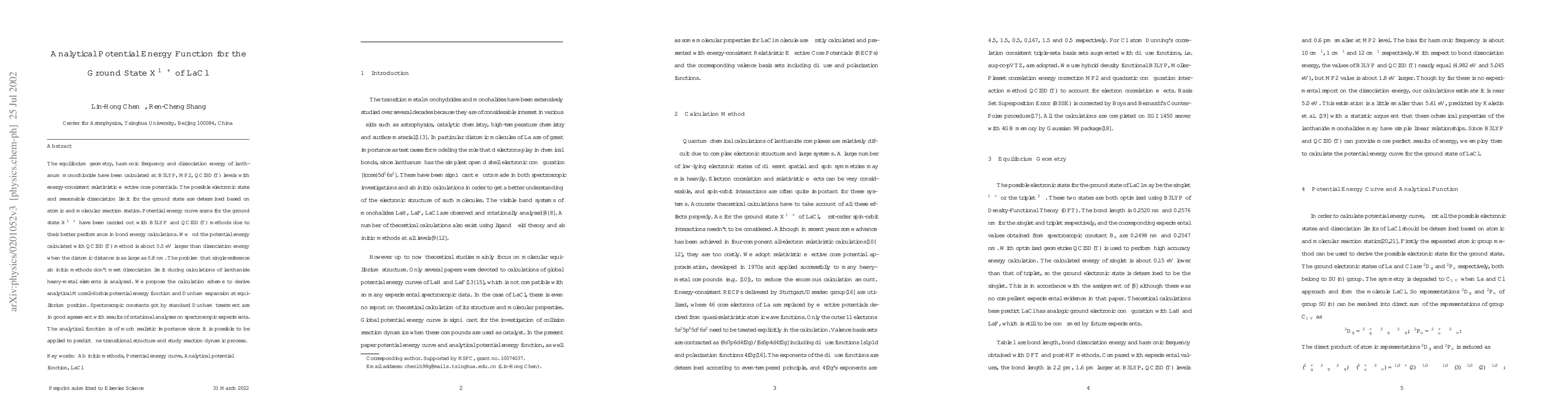 Thumbnail for Analytical Potential Energy Function for the Ground State X^{1} Sigma^+
  of LaCl