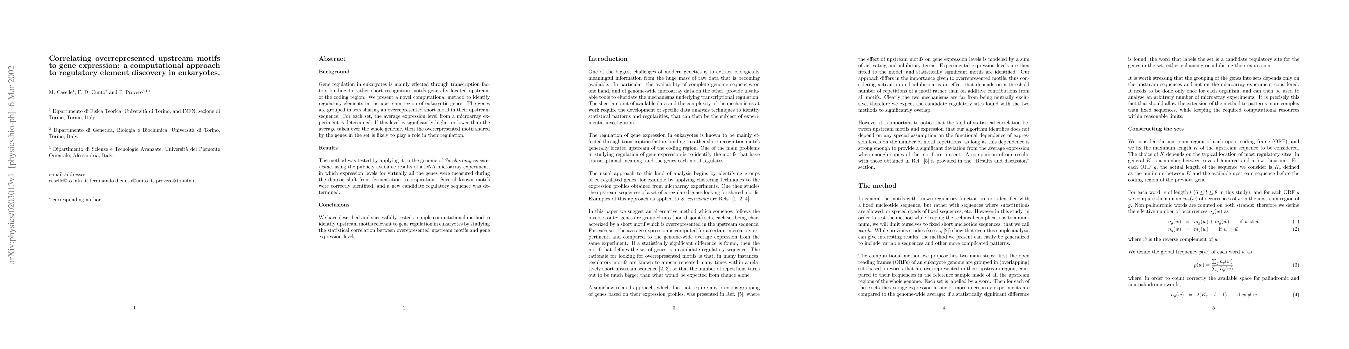 Thumbnail for Correlating overrepresented upstream motifs to gene expression: a
  computational approach to regulatory element discovery in eukaryotes