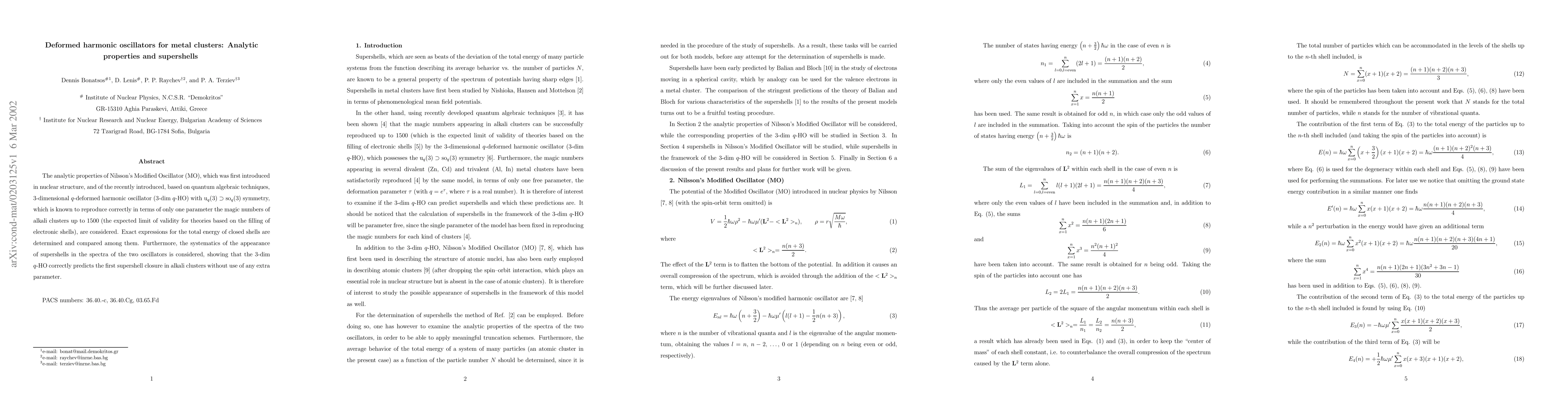 Thumbnail for Deformed Harmonic Oscillators for Metal Clusters: Analytic Properties
  and Supershells