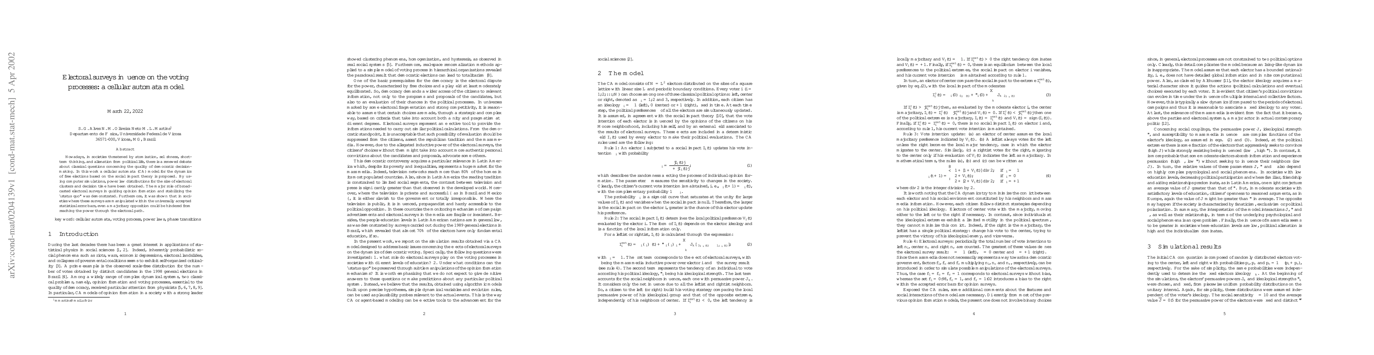 Thumbnail for Electoral surveys influence on the voting processes: a cellular automata
  model