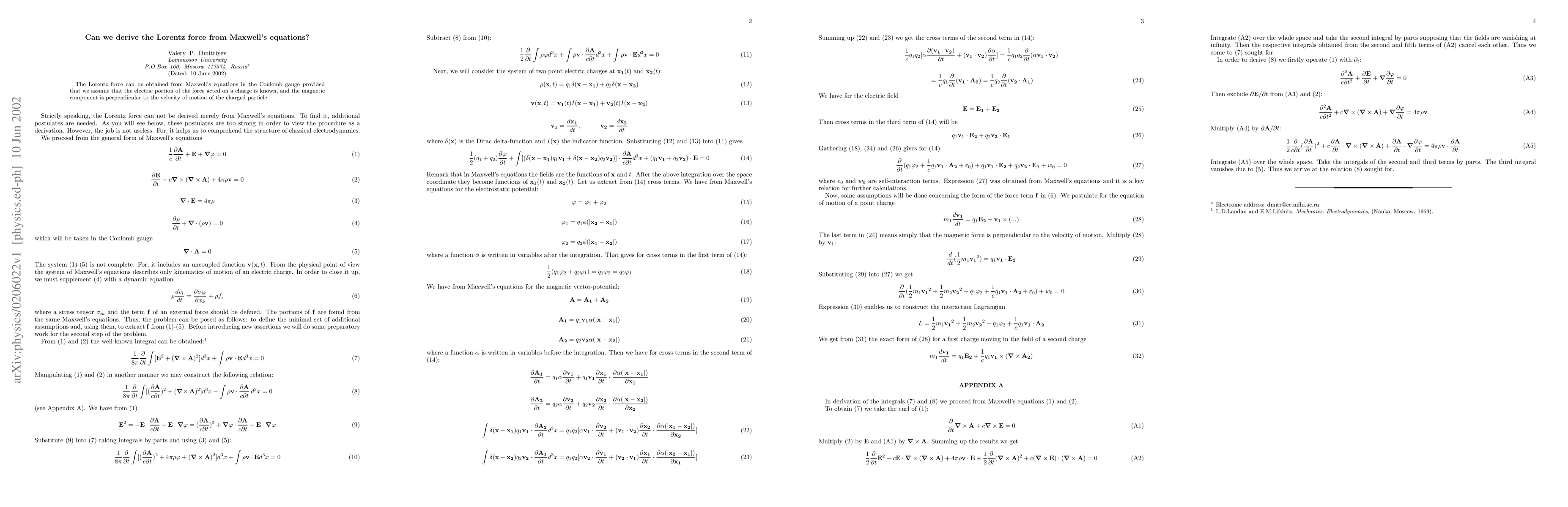 Thumbnail for Can we derive the Lorentz force from Maxwell's equations?