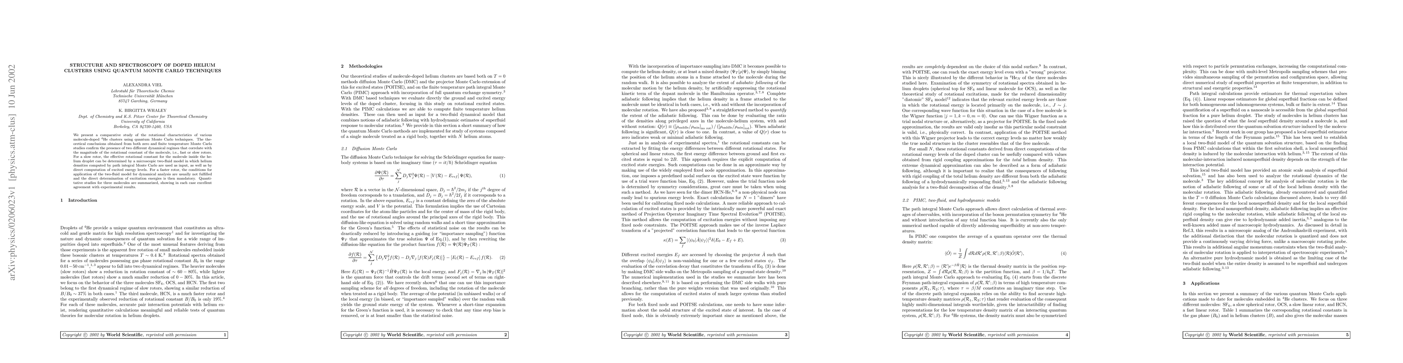 Thumbnail for Structure and spectroscopy of doped helium clusters using quantum Monte
  Carlo techniques