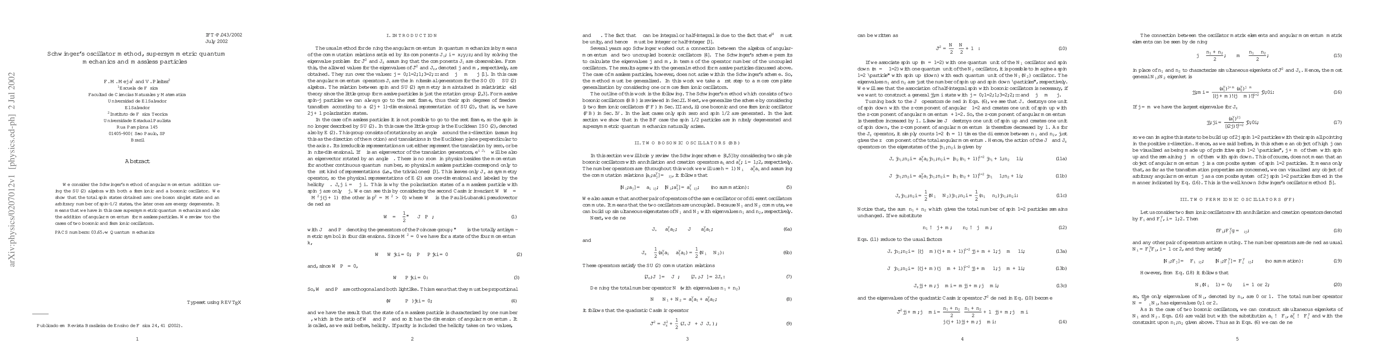 Thumbnail for Schwinger's oscillator method, supersymmetric quantum mechanics and
  massless particles