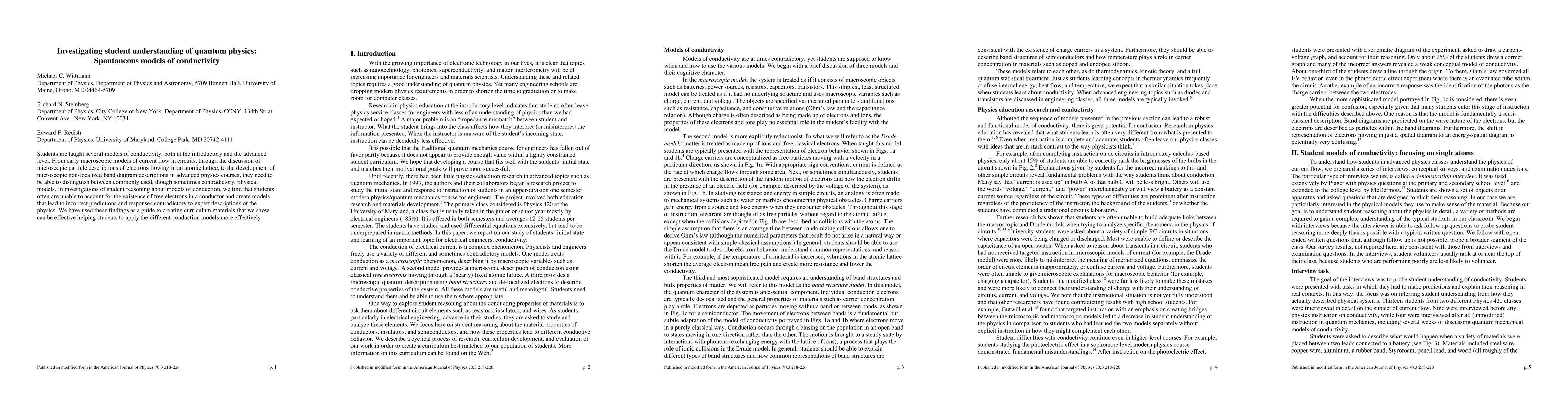 Thumbnail for Investigating Student Understanding of Quantum Mechanics: Spontaneous
  Models of Conductivity