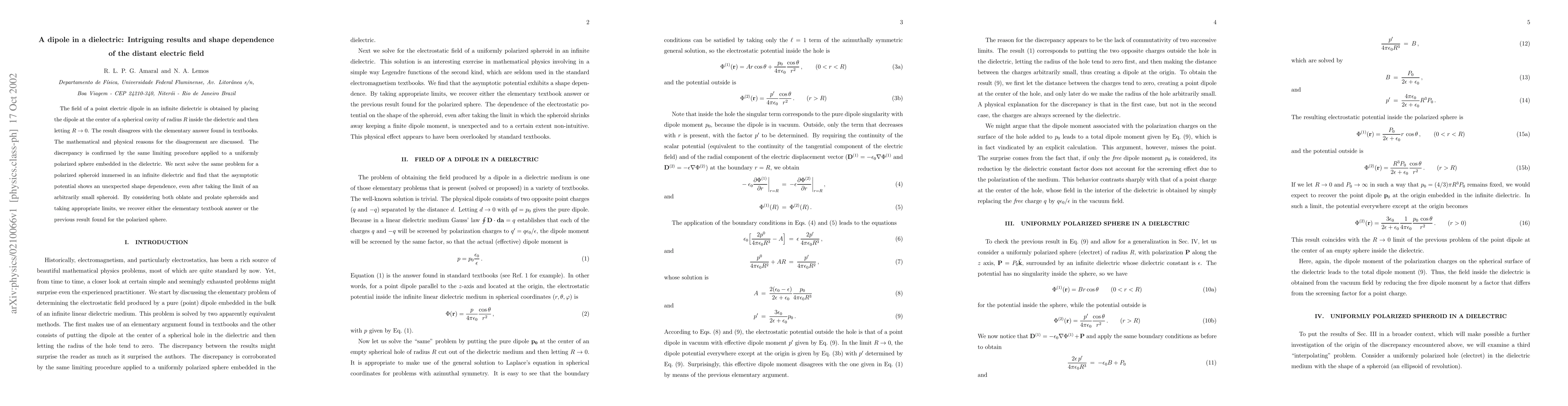Thumbnail for A dipole in a dielectric: Intriguing results and shape dependence of the
  distant electric field