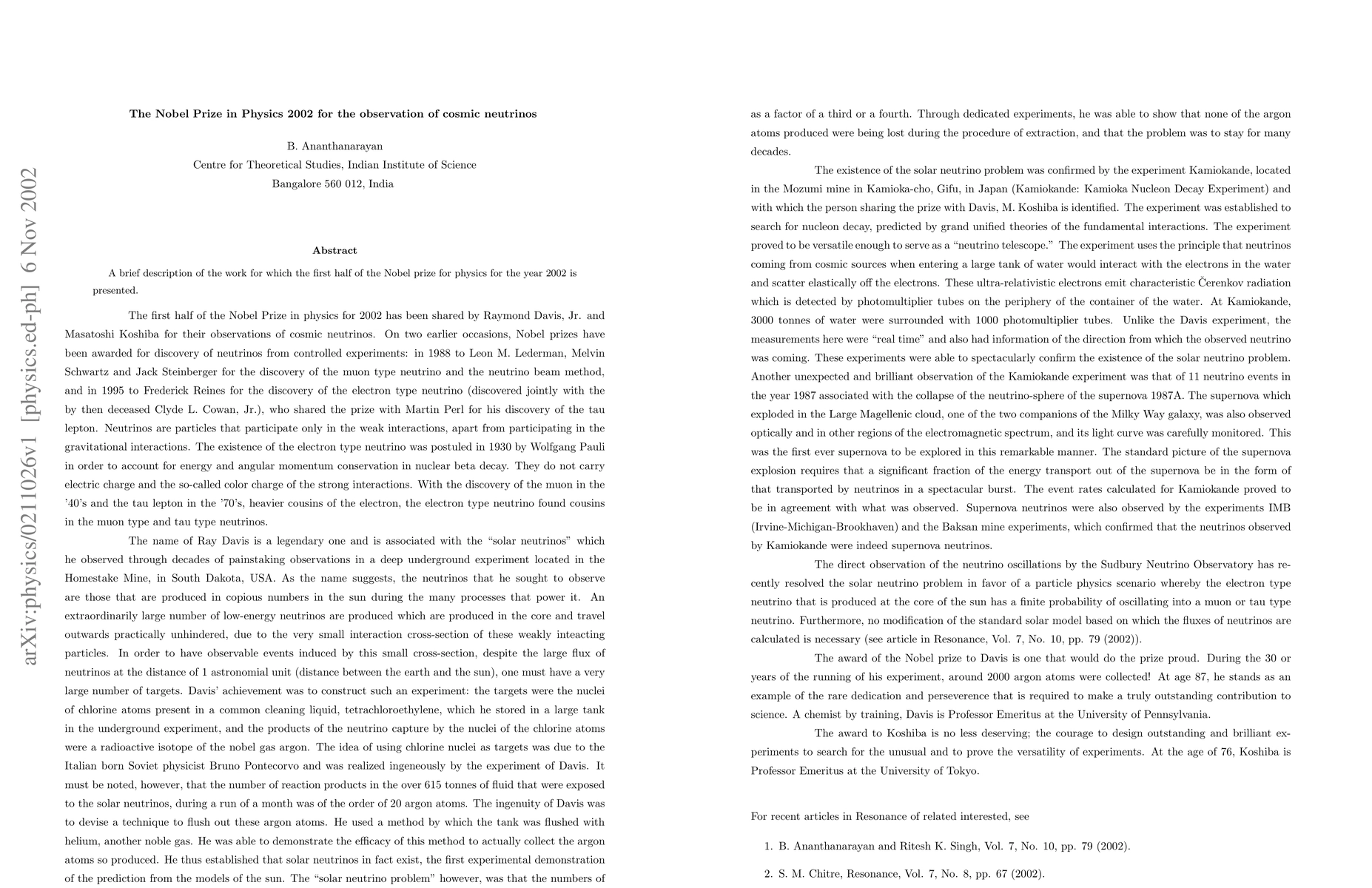 Thumbnail for The Nobel Prize in Physics 2002 for the observation of cosmic neutrinos