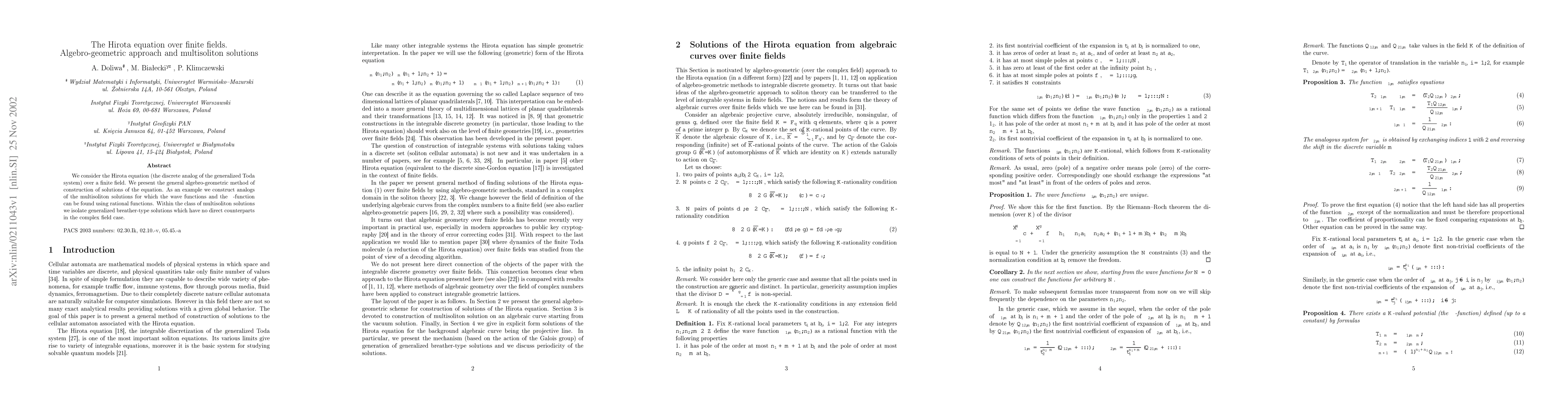 Thumbnail for The Hirota equation over finite fields. Algebro-geometric approach and
  multisoliton solutions