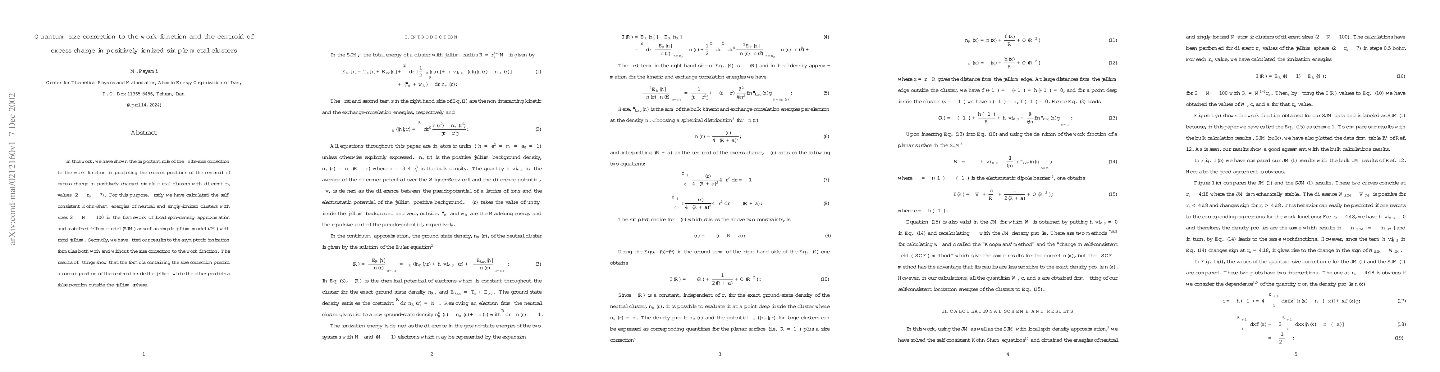 Thumbnail for Quantum size correction to the work function and the centroid of excess
  charge in positively ionized simple metal clusters