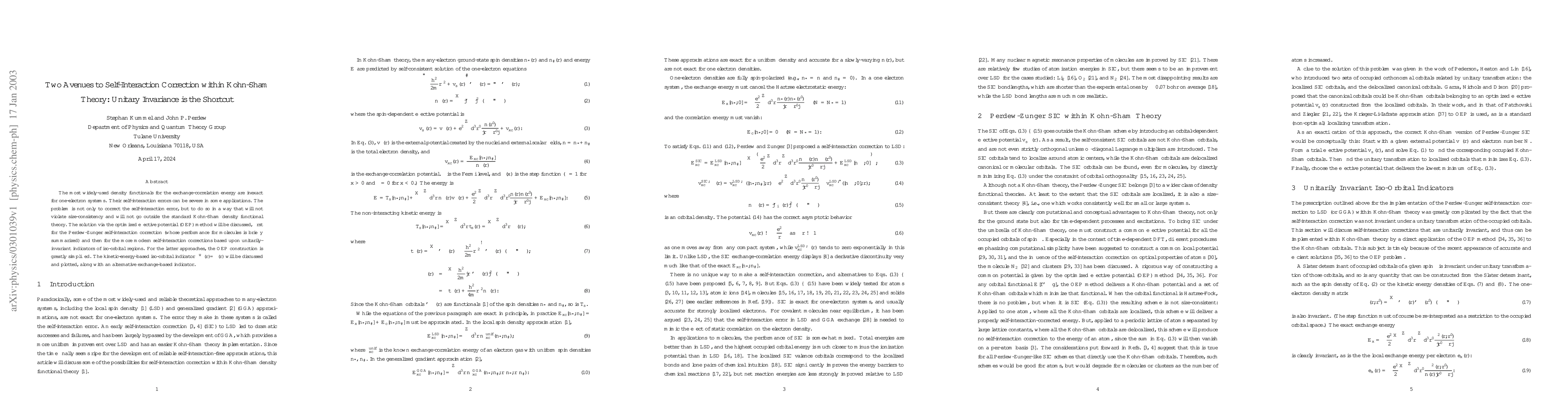 Thumbnail for Two Avenues to Self-Interaction Correction within Kohn-Sham Theory:
  Unitary Invariance is the Shortcut