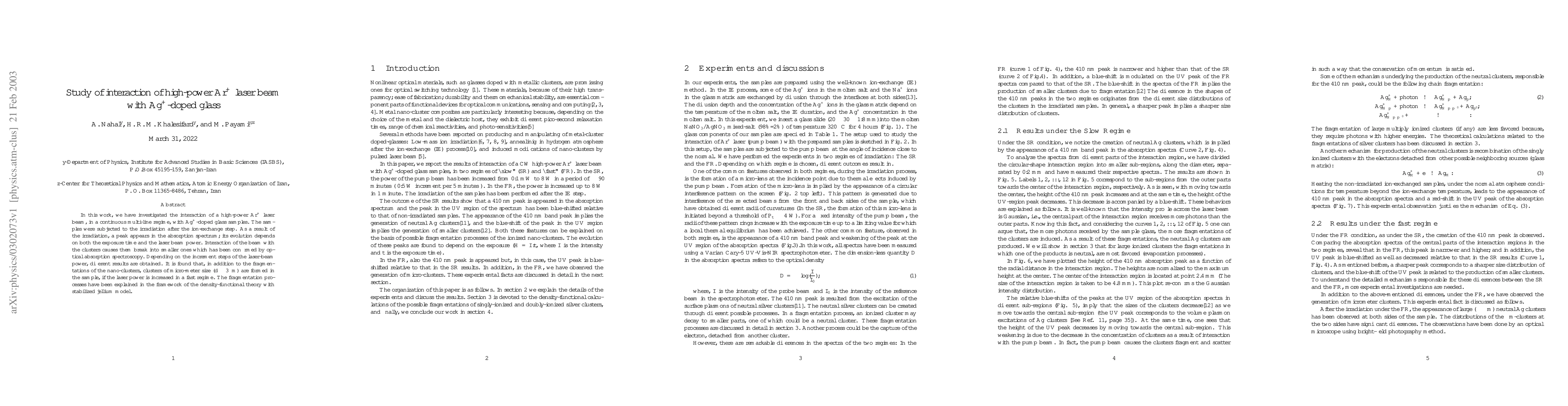 Thumbnail for Study of interaction of high-power Ar$^+$ laser beam with Ag$^+$-doped
  glass