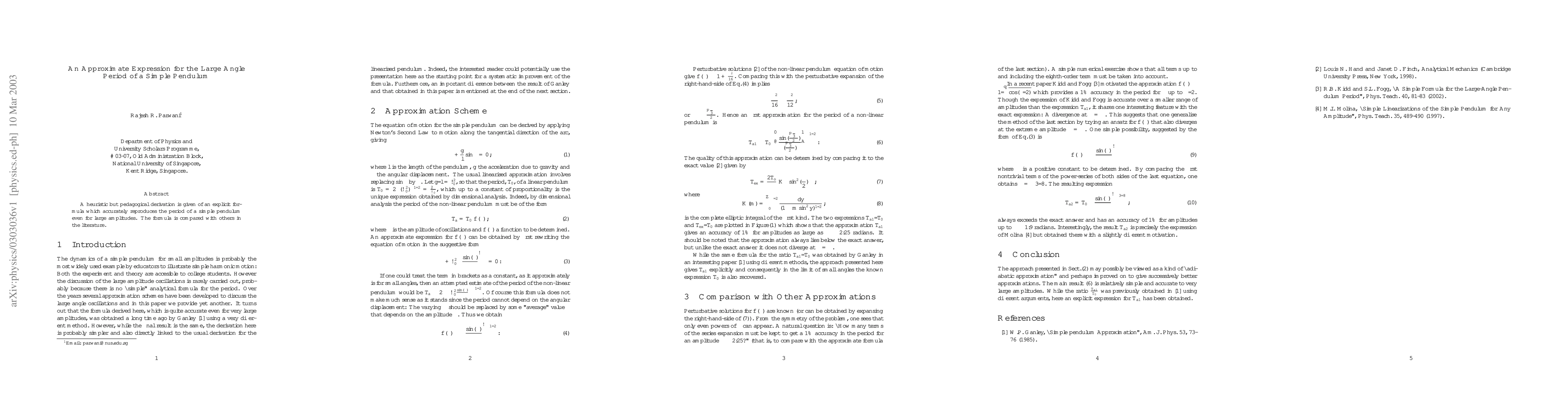 Thumbnail for An Approximate Expression for the Large Angle Period of a Simple
  Pendulum