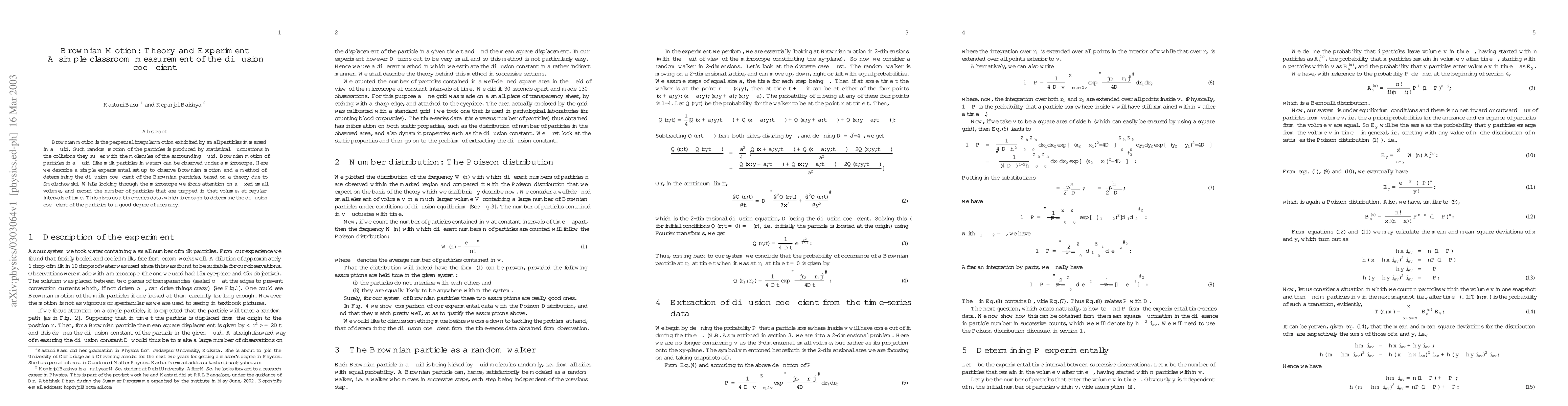 Thumbnail for Brownian Motion: Theory and Experiment:: A simple Classroom Measurement
  of the Diffusion Coefficient