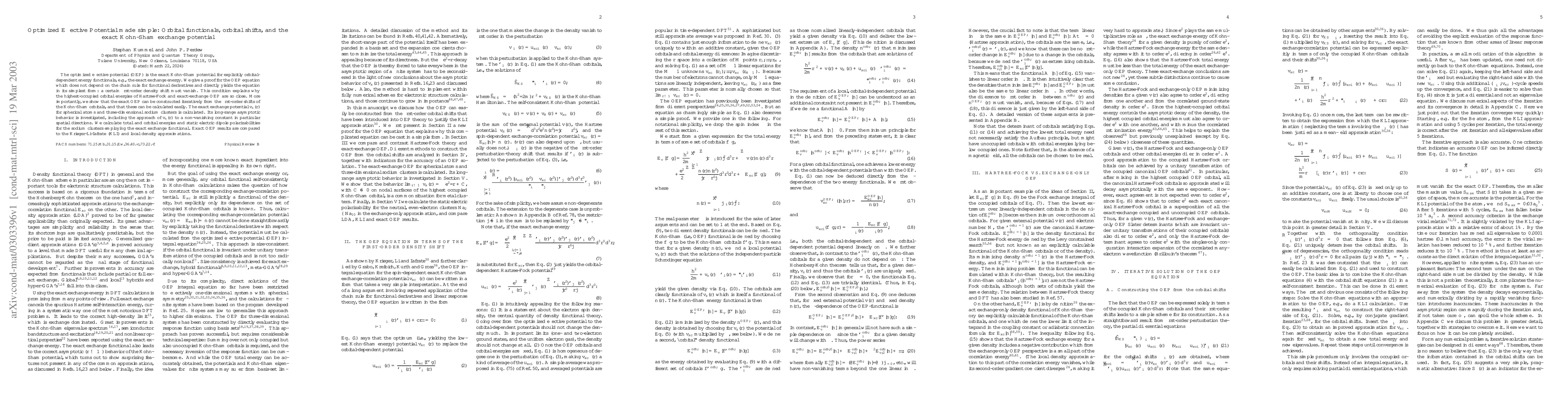 Thumbnail for Optimized Effective Potential made simple: Orbital functionals, orbital
  shifts, and the exact Kohn-Sham exchange potential