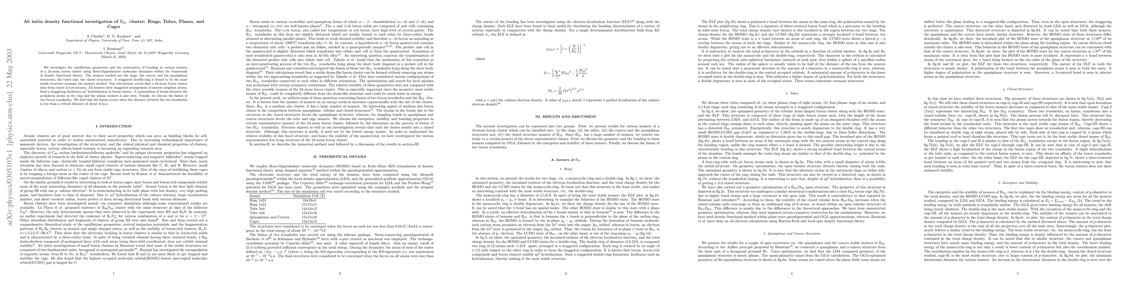 Thumbnail for Ab initio density functional investigation of B_24 cluster: Rings,
  Tubes, Planes, and Cages