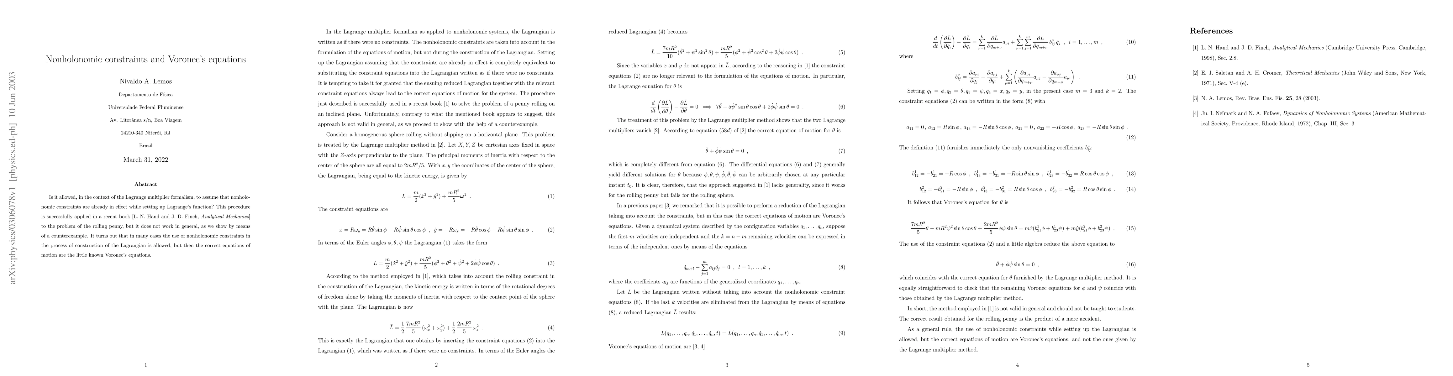 Thumbnail for Nonholonomic Constraints and Voronec's Equations