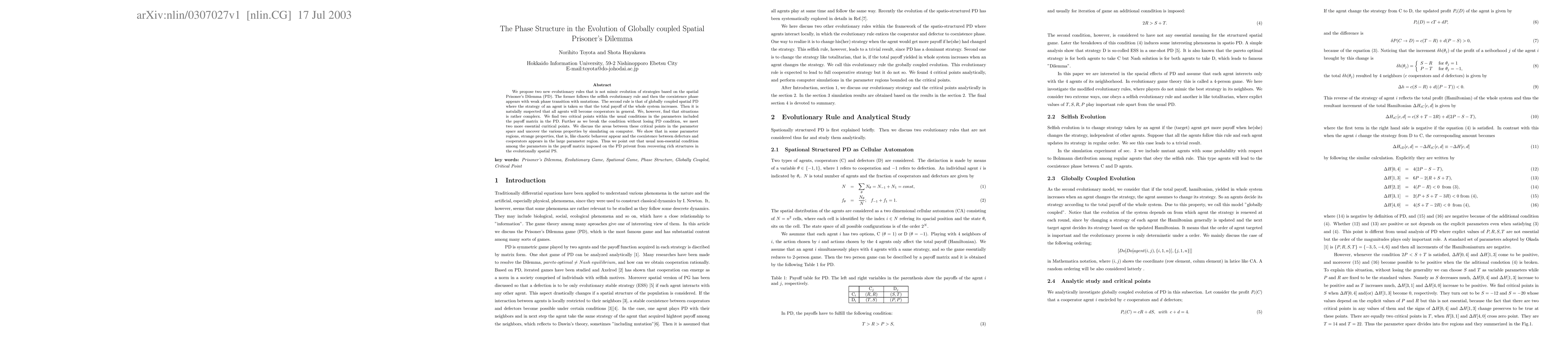 Thumbnail for The Phase Structure in the Evolution of Globally coupled Spatial
  Prisoner's Dilemma