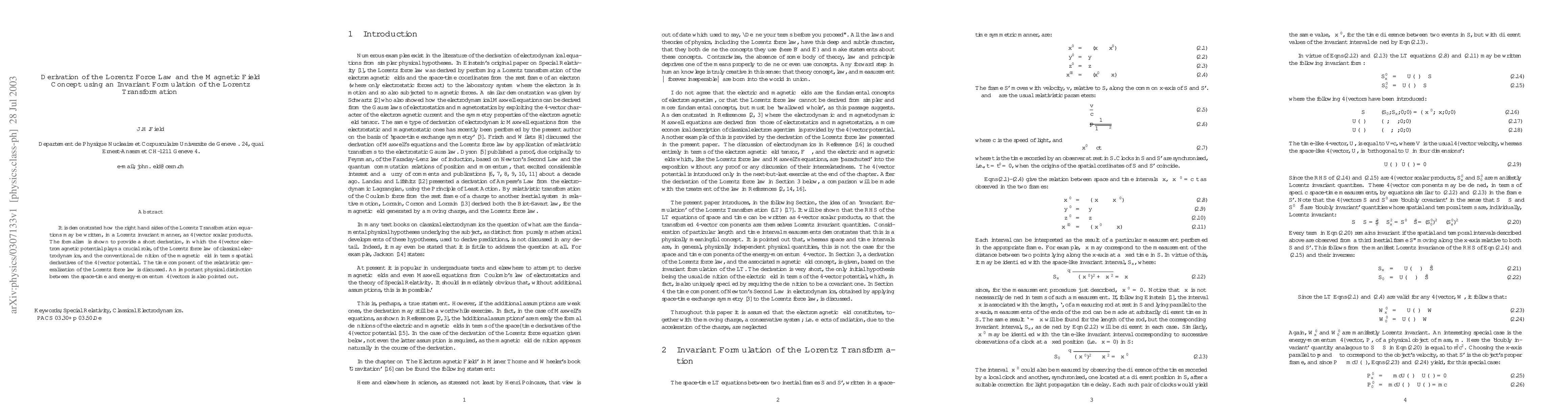 Thumbnail for Derivation of the Lorentz Force Law and the Magnetic Field Concept using
  an Invariant Formulation of the Lorentz Transformation